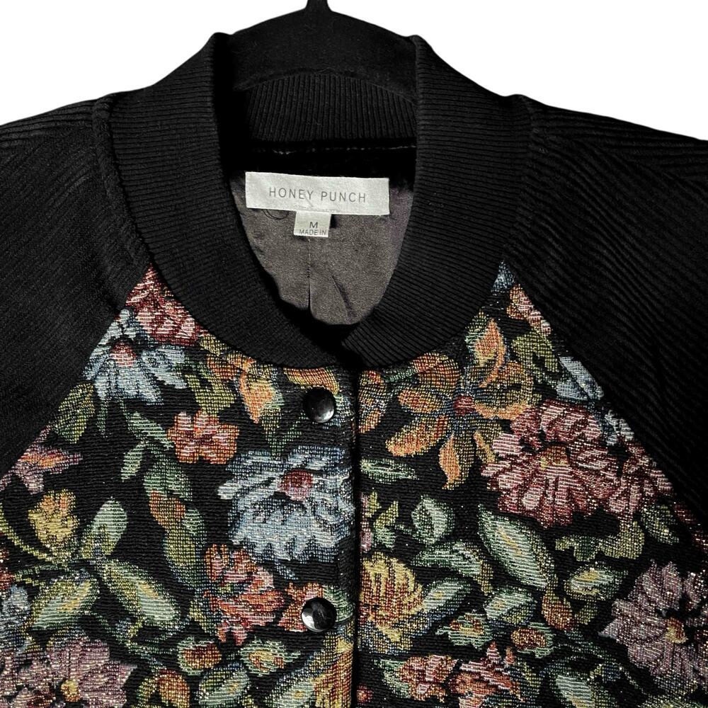 Honey Punch Women's Floral Tapestry Bomber Jacket Corduroy Sleeve Black Size M - Picture 3 of 8